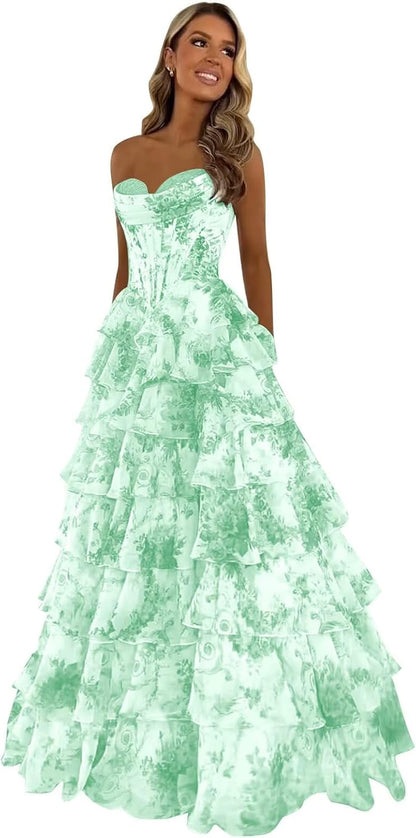 Trägerloses Korsett-Ballkleid für Damen 2025, langes, gestuftes, gerüschtes Chiffon-Abendkleid mit Schlitz 
