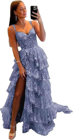 Glitzerndes, gestuftes Spitzen-Tüll-Ballkleid, lang, 2025, Spaghettiträger, formelles Korsett-Abendkleid mit Schlitz 