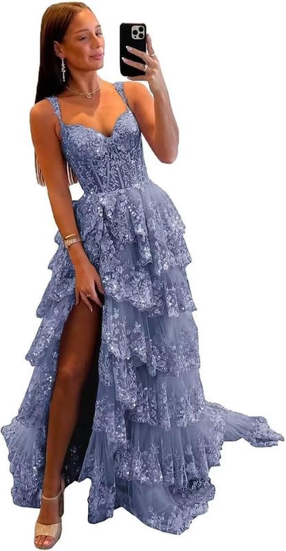 Glitzerndes, gestuftes Spitzen-Tüll-Ballkleid, lang, 2025, Spaghettiträger, formelles Korsett-Abendkleid mit Schlitz 
