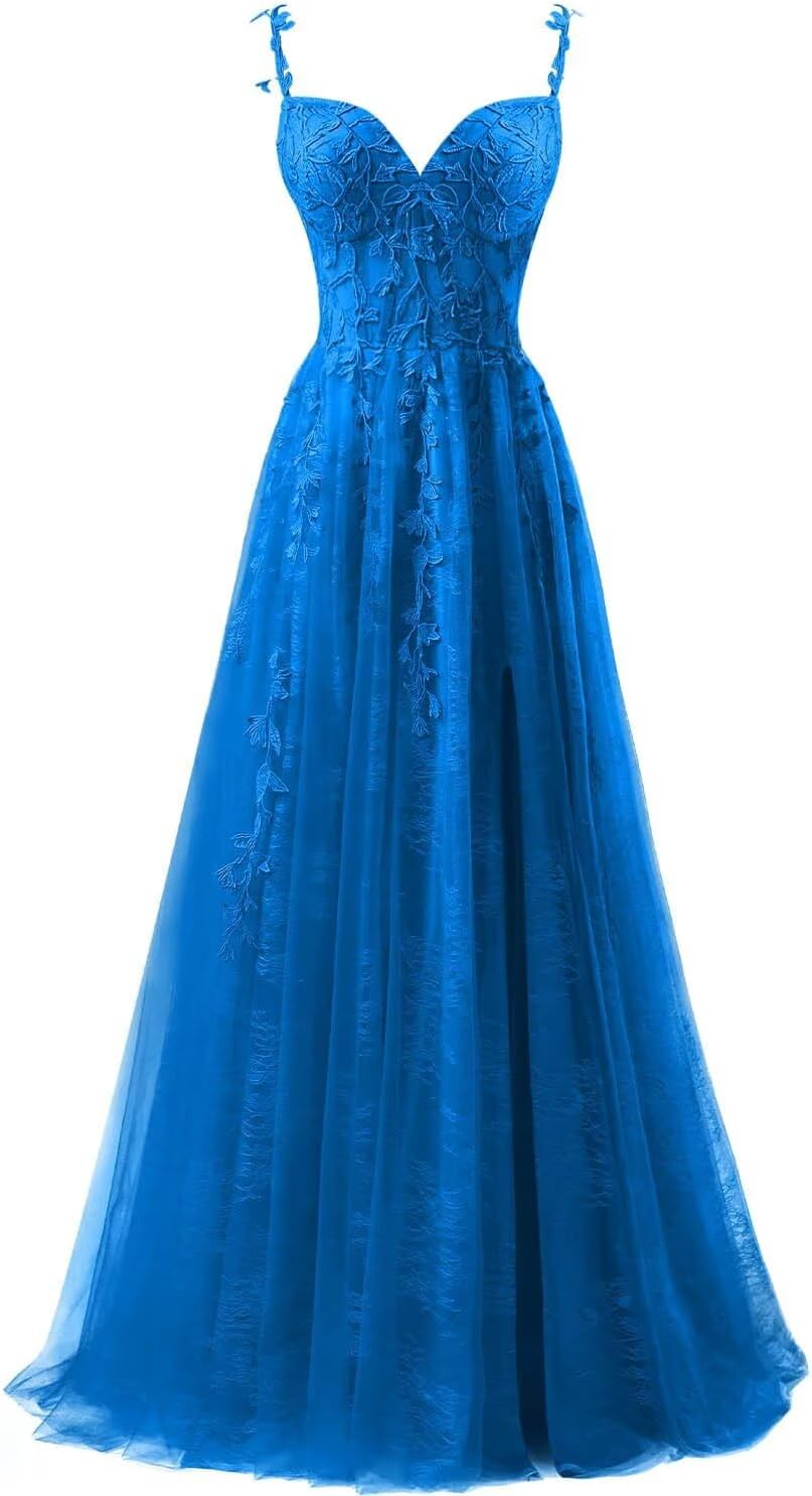 Lace Applique Tulle Prom Dresses for Women 2025 Spaghetti Straps Ball Gown Formal Evening Party Gown with Slit