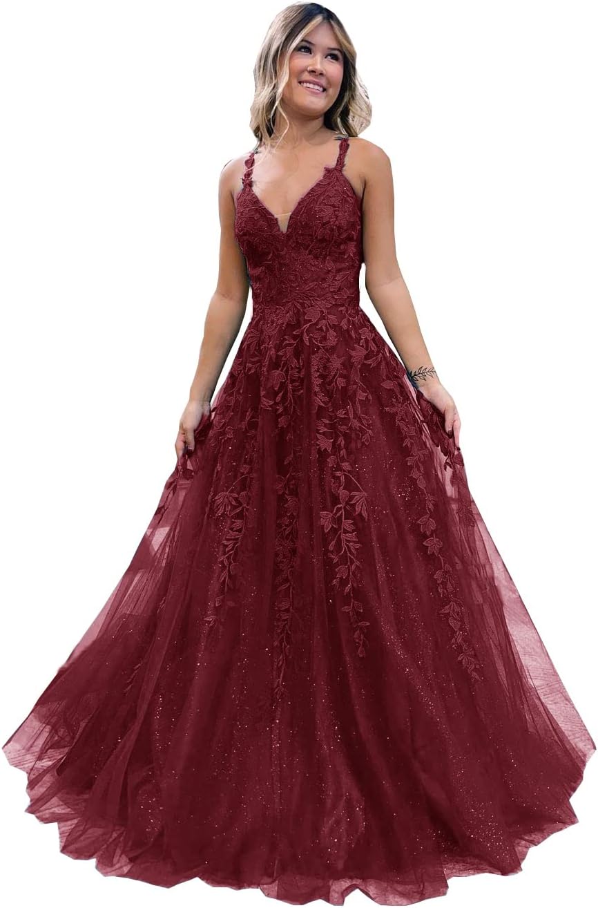 Floral Lace Glitter Tulle Prom Dress Long Ball Gown V Neck Formal Evening Dress Maxi Party Gown