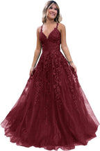 Floral Lace Glitter Tulle Prom Dress Long Ball Gown V Neck Formal Evening Dress Maxi Party Gown