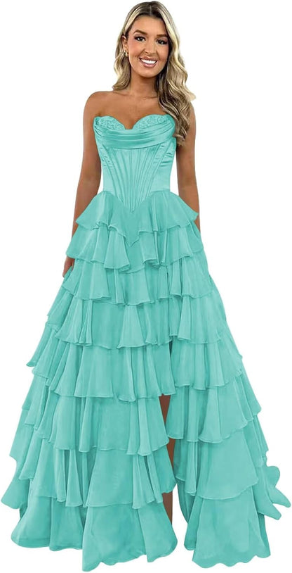 Trägerloses Korsett-Ballkleid für Damen 2025, langes, gestuftes, gerüschtes Chiffon-Abendkleid mit Schlitz 