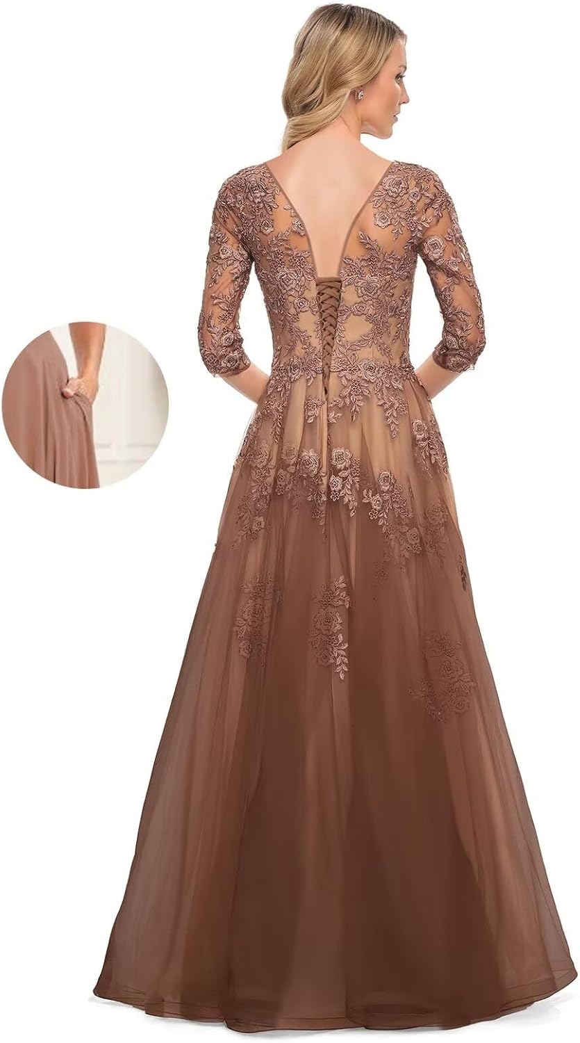 Women's V-Neck 3/4 Sleeve Mother of The Bride Dress A-line Tulle Lace Appliques Long Formal Party Dress QA117