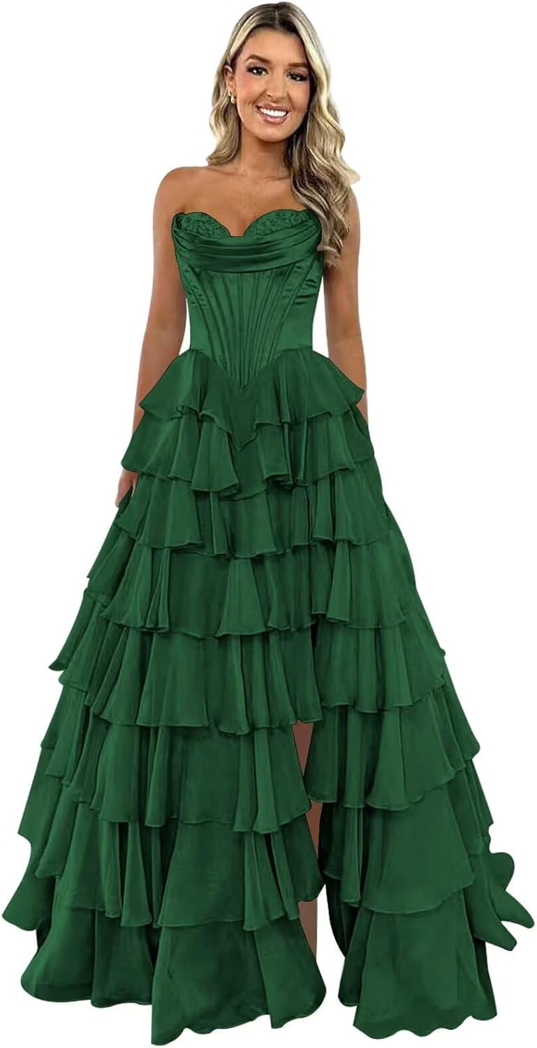 Trägerloses Korsett-Ballkleid für Damen 2025, langes, gestuftes, gerüschtes Chiffon-Abendkleid mit Schlitz 