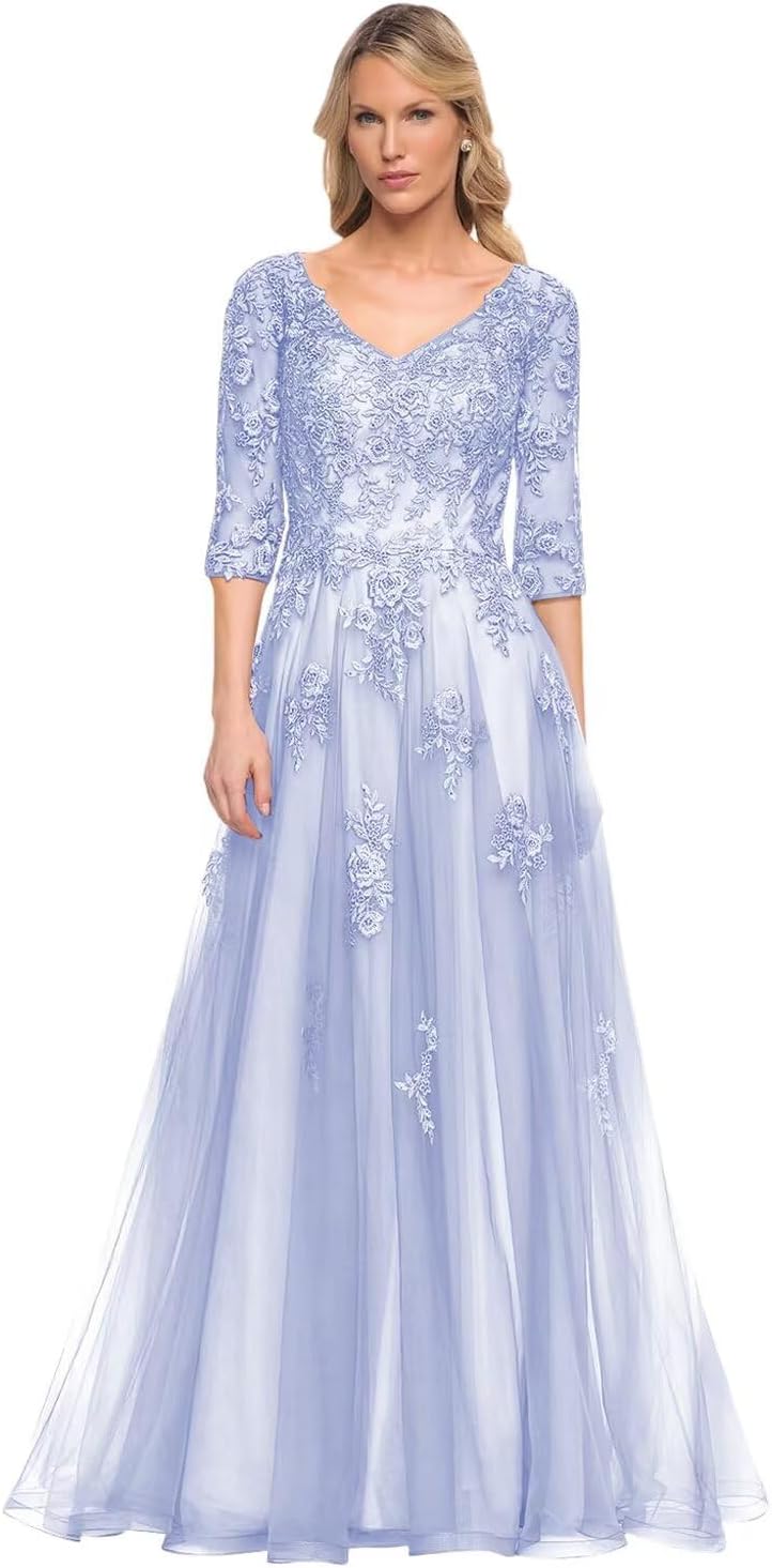 Women's V-Neck 3/4 Sleeve Mother of The Bride Dress A-line Tulle Lace Appliques Long Formal Party Dress QA117