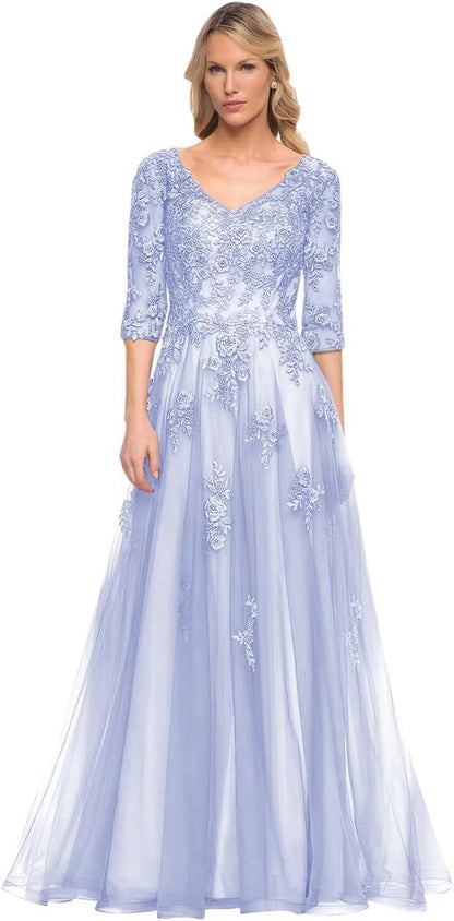 Women's V-Neck 3/4 Sleeve Mother of The Bride Dress A-line Tulle Lace Appliques Long Formal Party Dress QA117