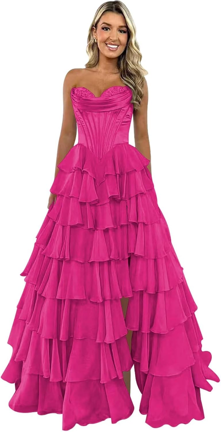 Strapless Corset Prom Dresses for Women 2025 Long Tiered Ruffle Chiffon Formal Evening Gown with Slit
