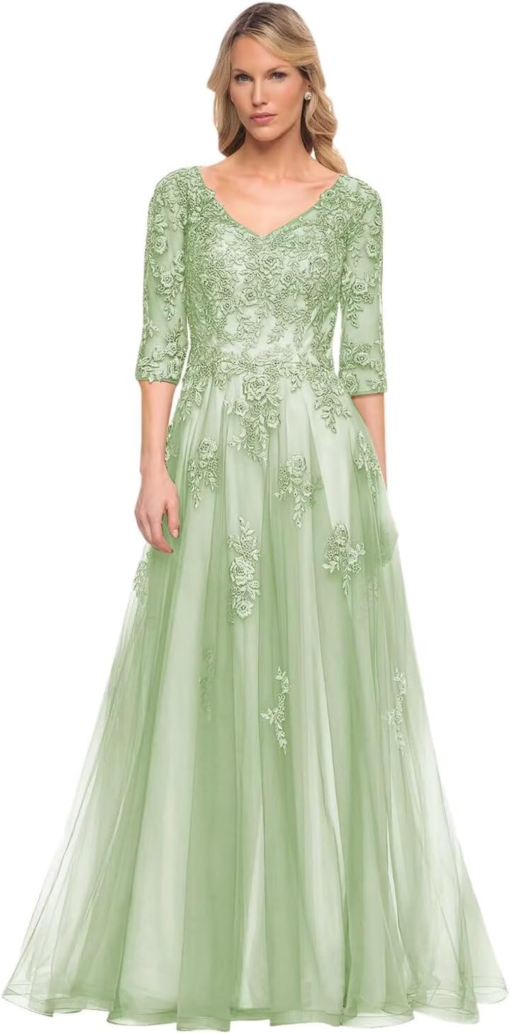 Women's V-Neck 3/4 Sleeve Mother of The Bride Dress A-line Tulle Lace Appliques Long Formal Party Dress QA117