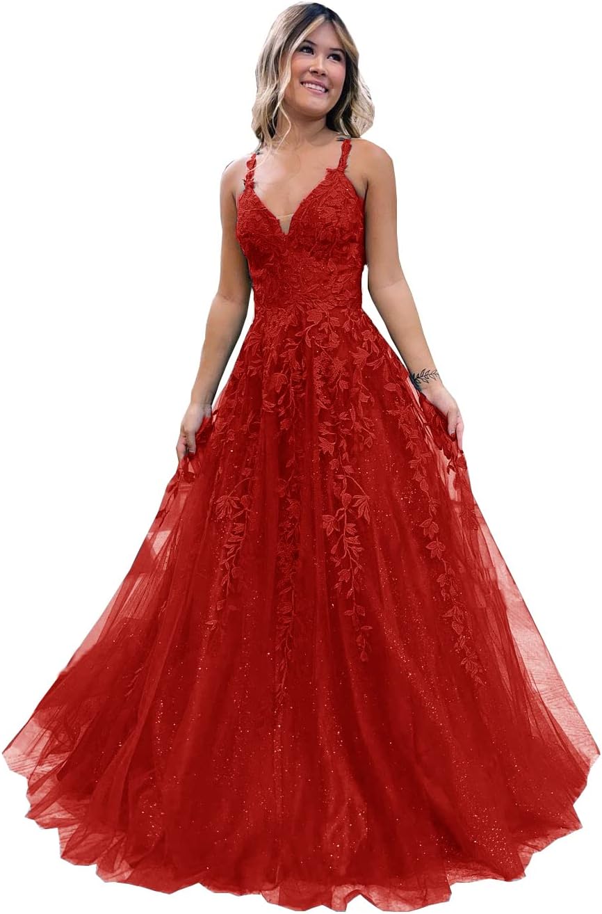 Floral Lace Glitter Tulle Prom Dress Long Ball Gown V Neck Formal Evening Dress Maxi Party Gown