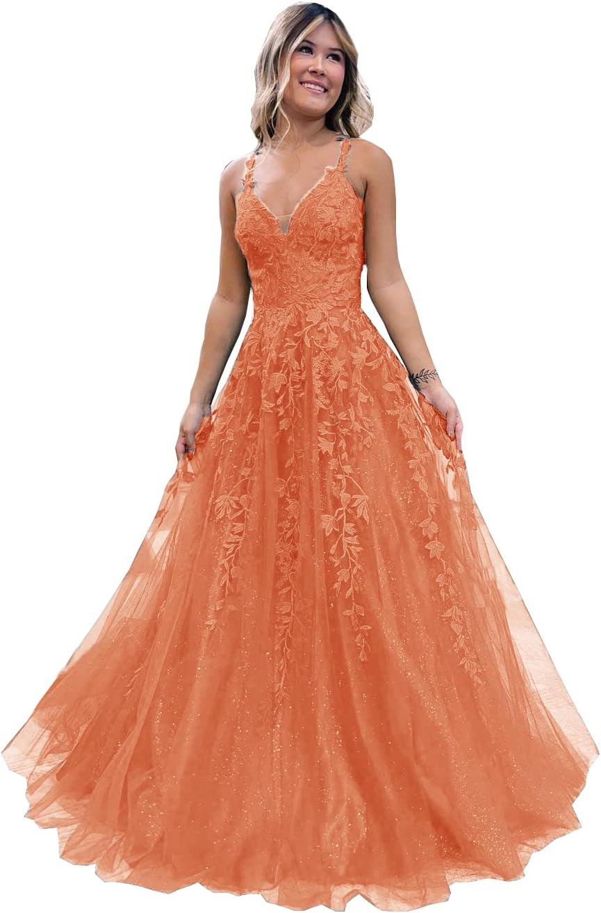 Floral Lace Glitter Tulle Prom Dress Long Ball Gown V Neck Formal Evening Dress Maxi Party Gown