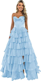 Strapless Corset Prom Dresses for Women 2025 Long Tiered Ruffle Chiffon Formal Evening Gown with Slit