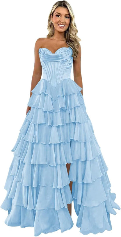 Trägerloses Korsett-Ballkleid für Damen 2025, langes, gestuftes, gerüschtes Chiffon-Abendkleid mit Schlitz 