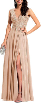 Chiffon Appliques Bridesmaid Dress Long V Neck Beaded Wedding Guest Gown with Split