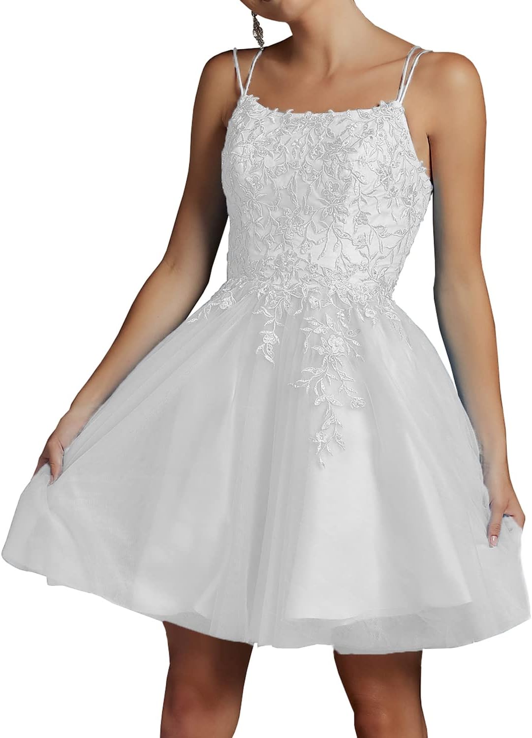 Modest Lace Beaded Tulle Homecoming Dresses Short Square Neck Prom Dress Spaghetti Straps Party Gown