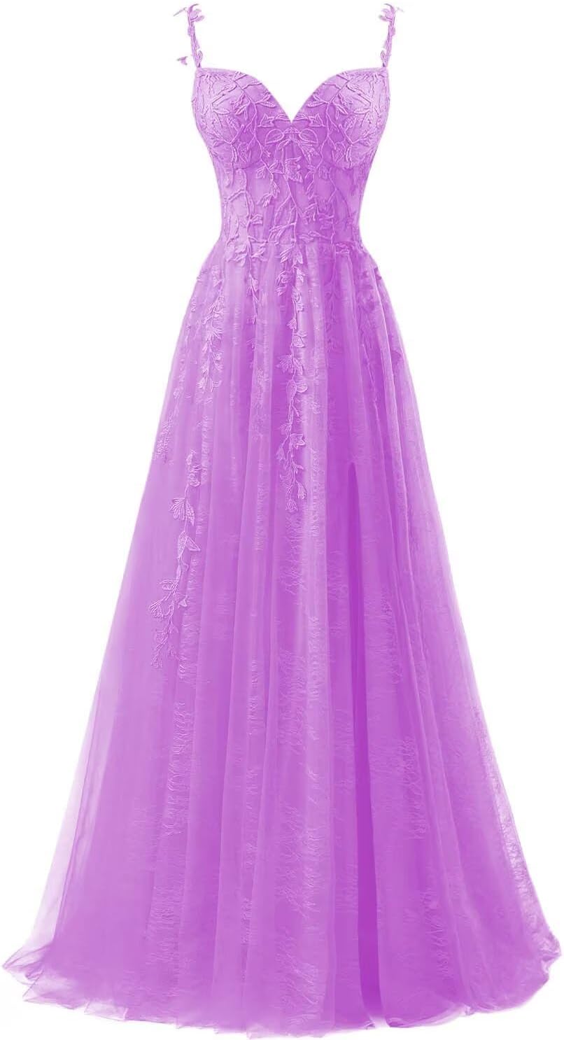 Lace Applique Tulle Prom Dresses for Women 2025 Spaghetti Straps Ball Gown Formal Evening Party Gown with Slit