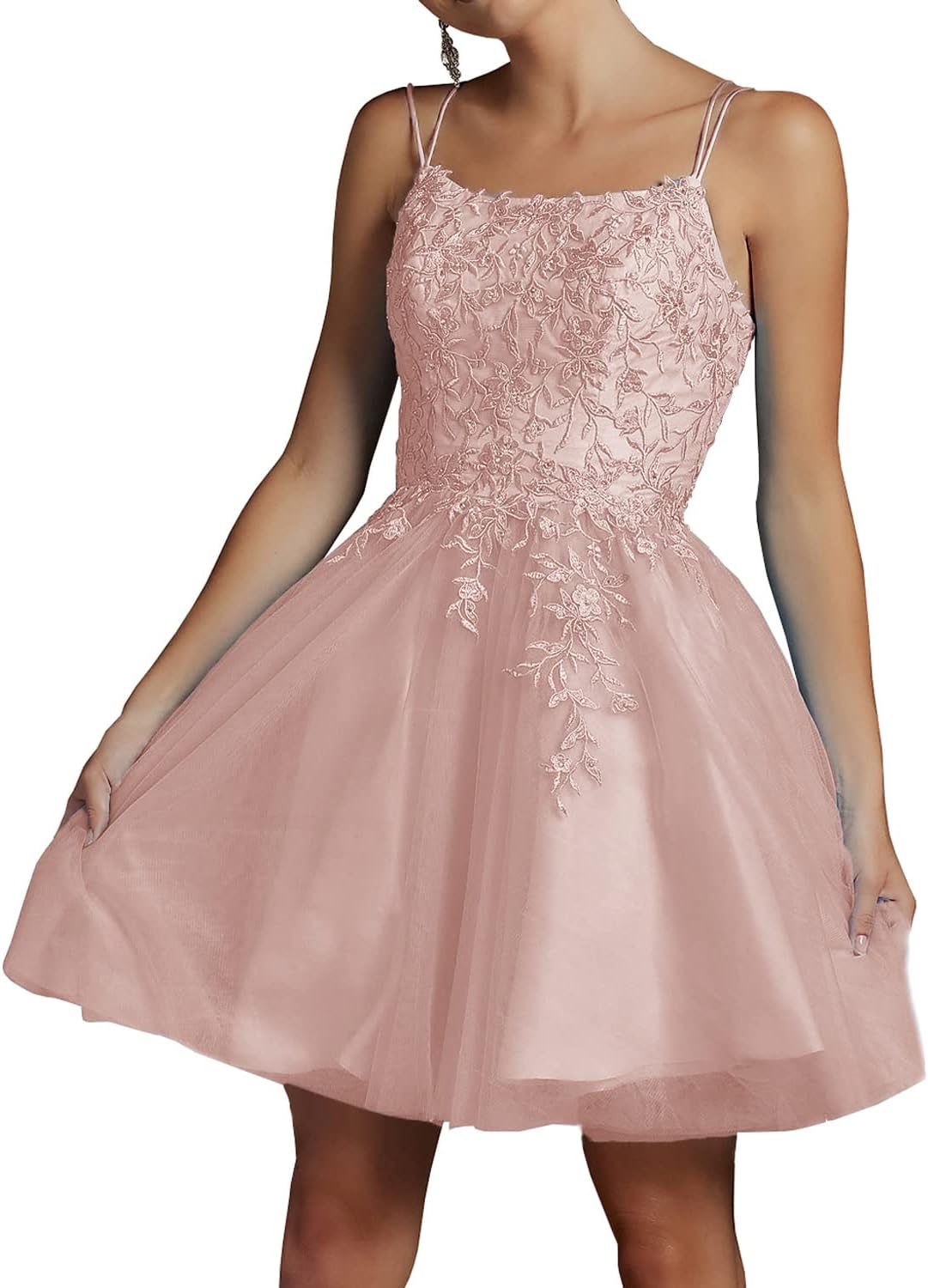 Modest Lace Beaded Tulle Homecoming Dresses Short Square Neck Prom Dress Spaghetti Straps Party Gown