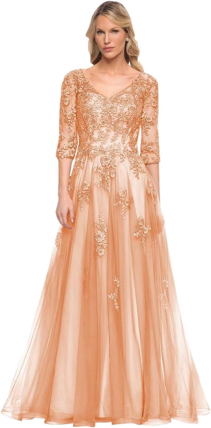 Damen V-Ausschnitt 3/4 Ärmel Kleid für die Brautmutter A-Linie Tüll Spitzenapplikationen Langes formelles Partykleid QA117 