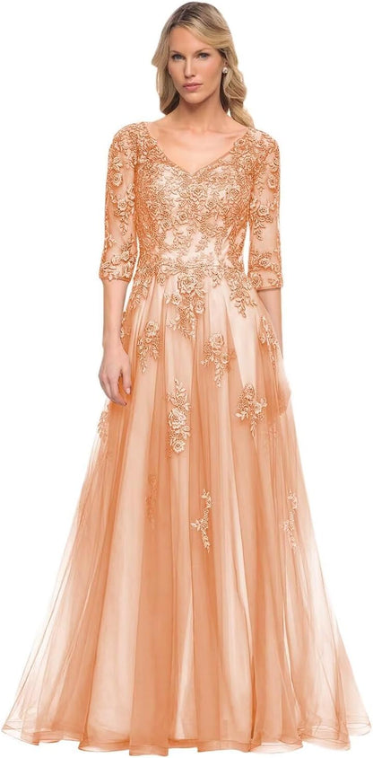 Women's V-Neck 3/4 Sleeve Mother of The Bride Dress A-line Tulle Lace Appliques Long Formal Party Dress QA117