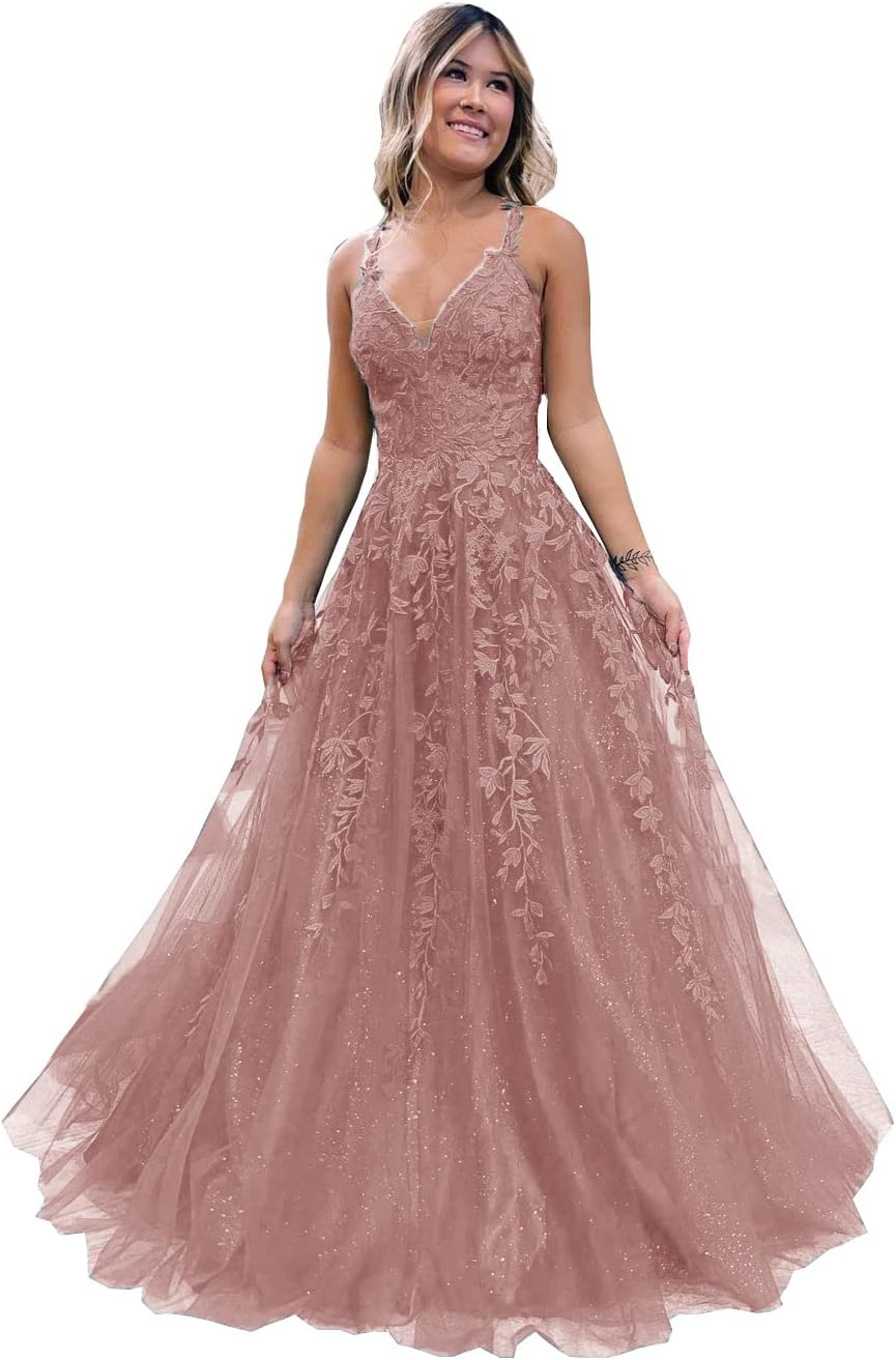 Floral Lace Glitter Tulle Prom Dress Long Ball Gown V Neck Formal Evening Dress Maxi Party Gown