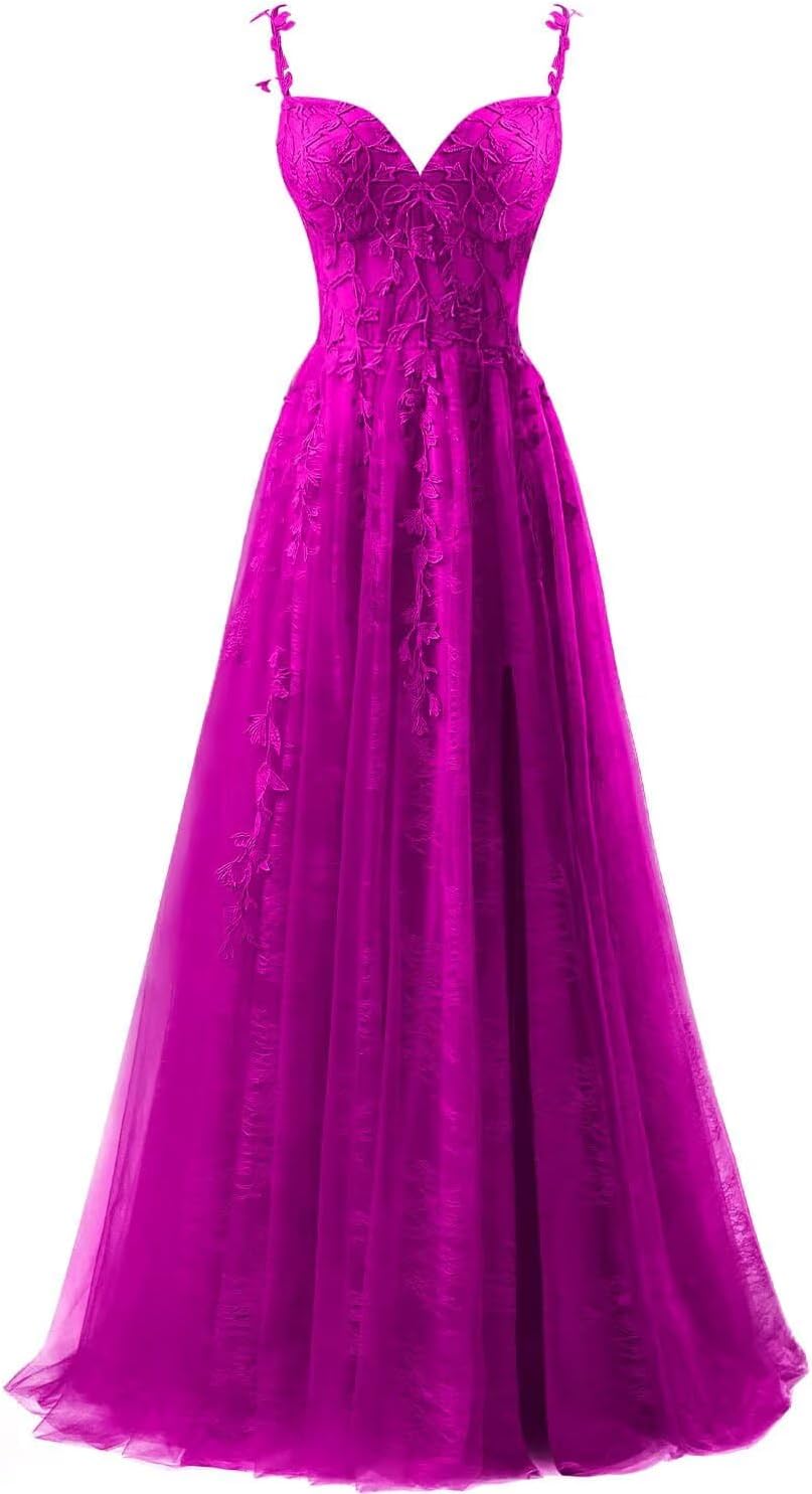 Lace Applique Tulle Prom Dresses for Women 2025 Spaghetti Straps Ball Gown Formal Evening Party Gown with Slit