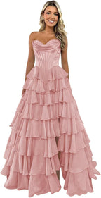 Strapless Corset Prom Dresses for Women 2025 Long Tiered Ruffle Chiffon Formal Evening Gown with Slit