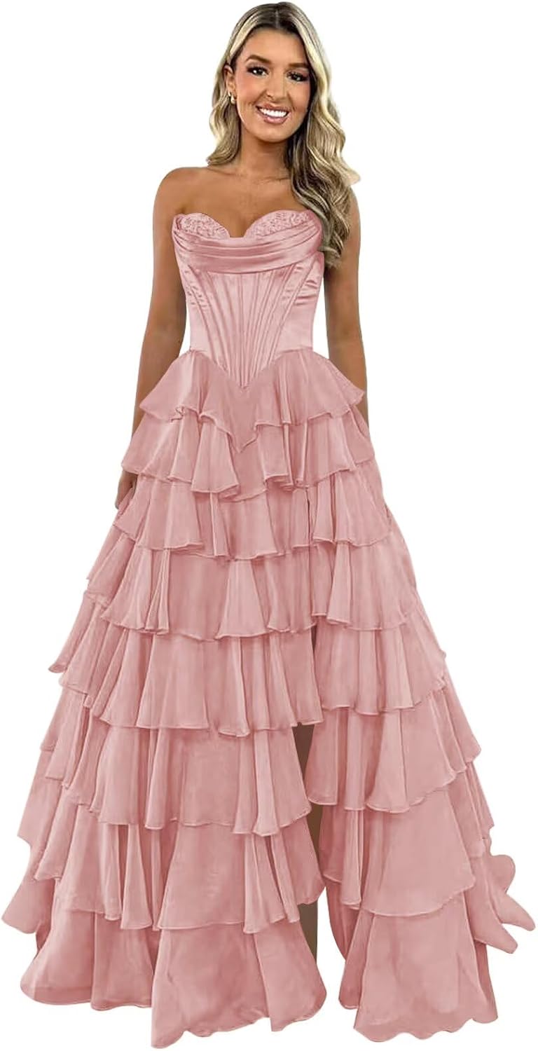 Trägerloses Korsett-Ballkleid für Damen 2025, langes, gestuftes, gerüschtes Chiffon-Abendkleid mit Schlitz 