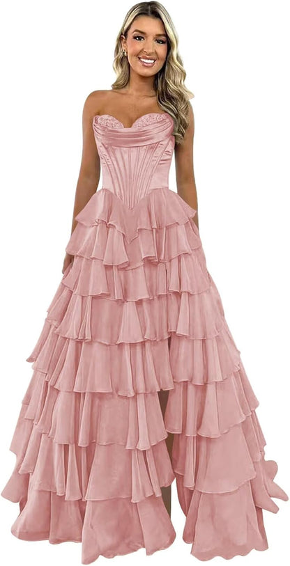Trägerloses Korsett-Ballkleid für Damen 2025, langes, gestuftes, gerüschtes Chiffon-Abendkleid mit Schlitz 