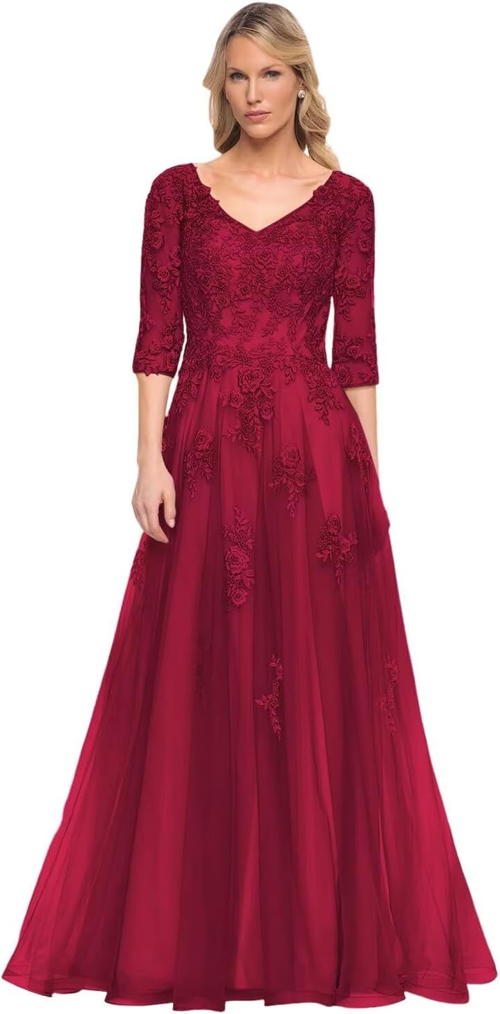 Women's V-Neck 3/4 Sleeve Mother of The Bride Dress A-line Tulle Lace Appliques Long Formal Party Dress QA117