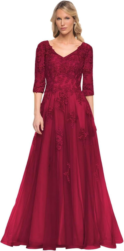 Women's V-Neck 3/4 Sleeve Mother of The Bride Dress A-line Tulle Lace Appliques Long Formal Party Dress QA117