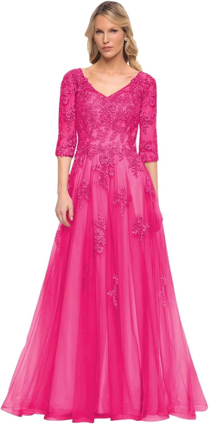 Women's V-Neck 3/4 Sleeve Mother of The Bride Dress A-line Tulle Lace Appliques Long Formal Party Dress QA117