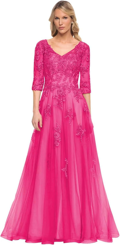 Women's V-Neck 3/4 Sleeve Mother of The Bride Dress A-line Tulle Lace Appliques Long Formal Party Dress QA117