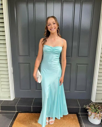 Spaghetti Strap Satin Prom Dresses Long A Line Pleated Corset Bridesmaid Formal Dress with Slit