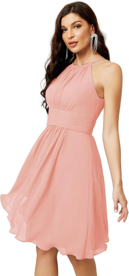 Sunnderly Short Halter Top Chiffon Bridesmaid Dresses Tea Length A Line Formal Evening Party Cocktail Dress Dusty Rose