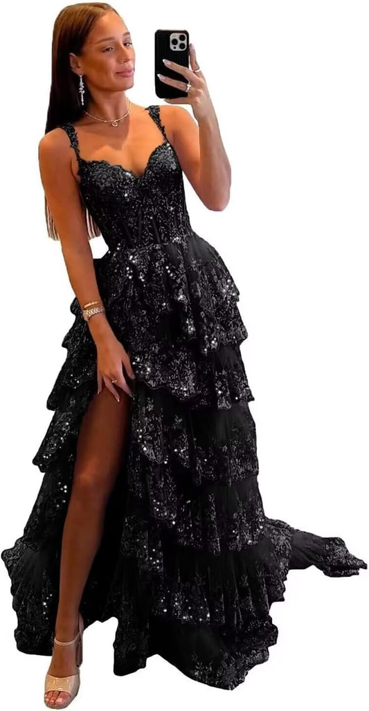 Glitzerndes, gestuftes Spitzen-Tüll-Ballkleid, lang, 2025, Spaghettiträger, formelles Korsett-Abendkleid mit Schlitz 