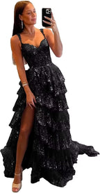 Glitzerndes, gestuftes Spitzen-Tüll-Ballkleid, lang, 2025, Spaghettiträger, formelles Korsett-Abendkleid mit Schlitz 