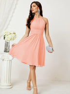 Sunnderly Short Halter Top Chiffon Bridesmaid Dresses Tea Length A Line Formal Evening Party Cocktail Dress Dusty Rose