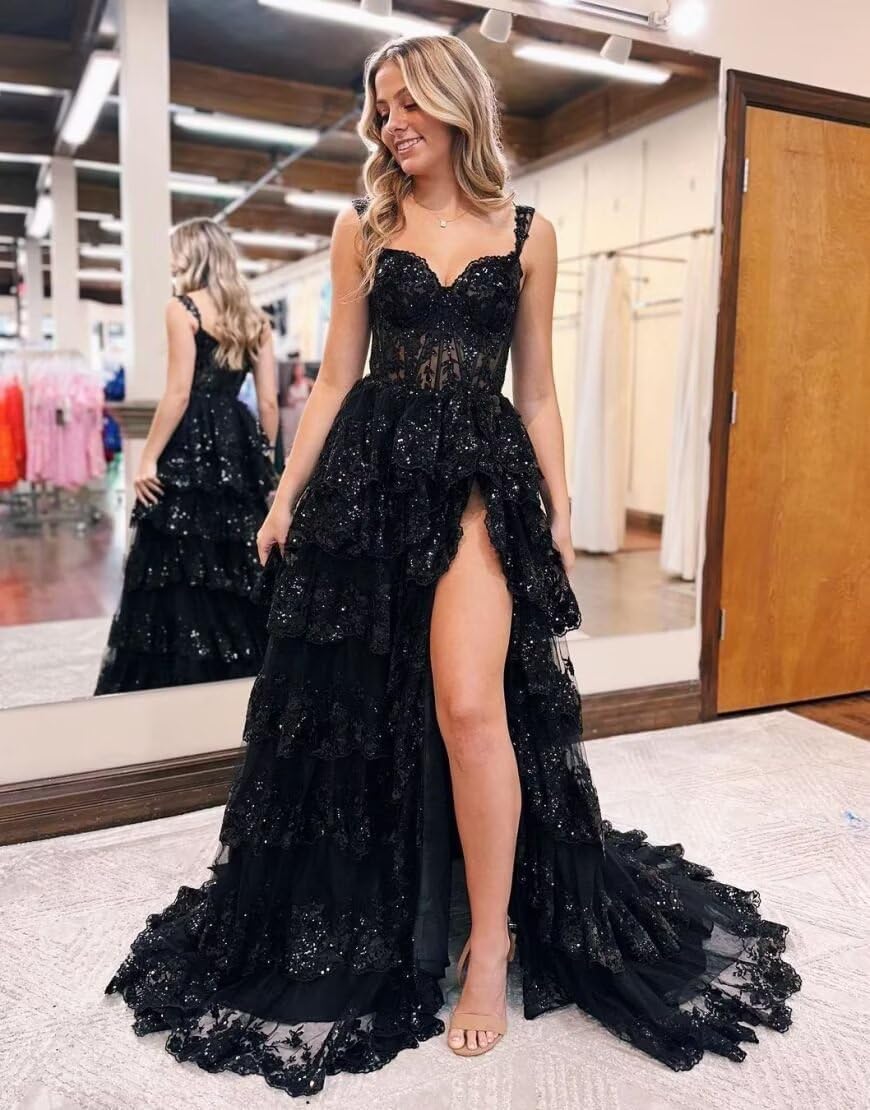 Glitzerndes, gestuftes Spitzen-Tüll-Ballkleid, lang, 2025, Spaghettiträger, formelles Korsett-Abendkleid mit Schlitz 