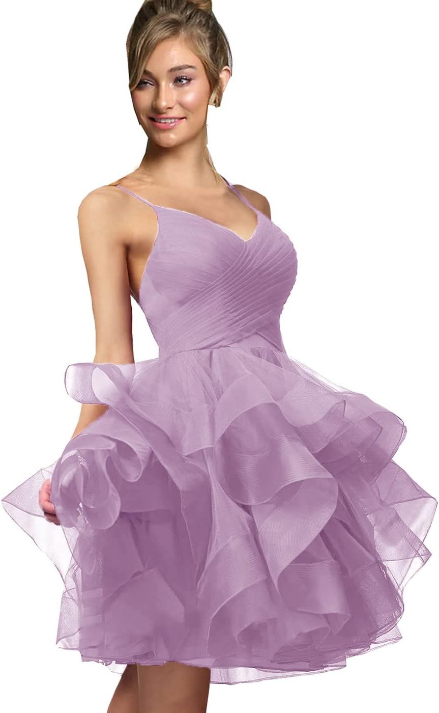 Women's Puffy Ruffle Short Homecoming Dress Tull Tutu Prom Dress V Neck Formal Party Gown