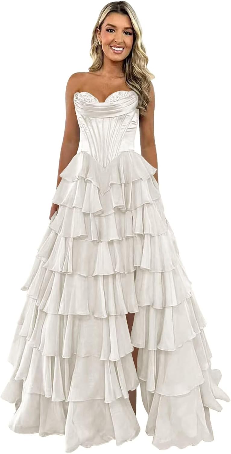 Trägerloses Korsett-Ballkleid für Damen 2025, langes, gestuftes, gerüschtes Chiffon-Abendkleid mit Schlitz 