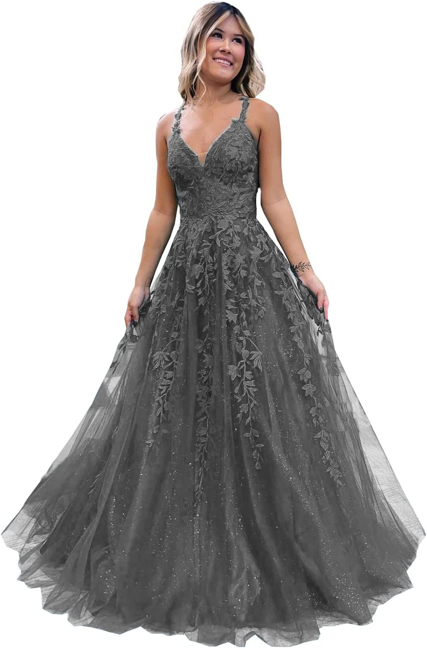 Floral Lace Glitter Tulle Prom Dress Long Ball Gown V Neck Formal Evening Dress Maxi Party Gown