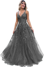 Floral Lace Glitter Tulle Prom Dress Long Ball Gown V Neck Formal Evening Dress Maxi Party Gown