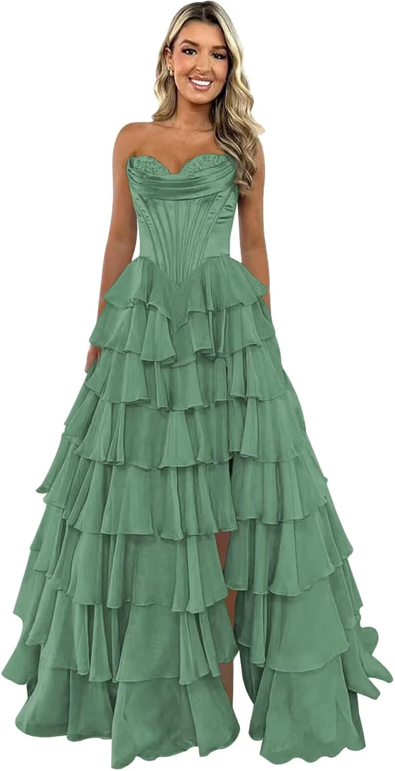 Trägerloses Korsett-Ballkleid für Damen 2025, langes, gestuftes, gerüschtes Chiffon-Abendkleid mit Schlitz 