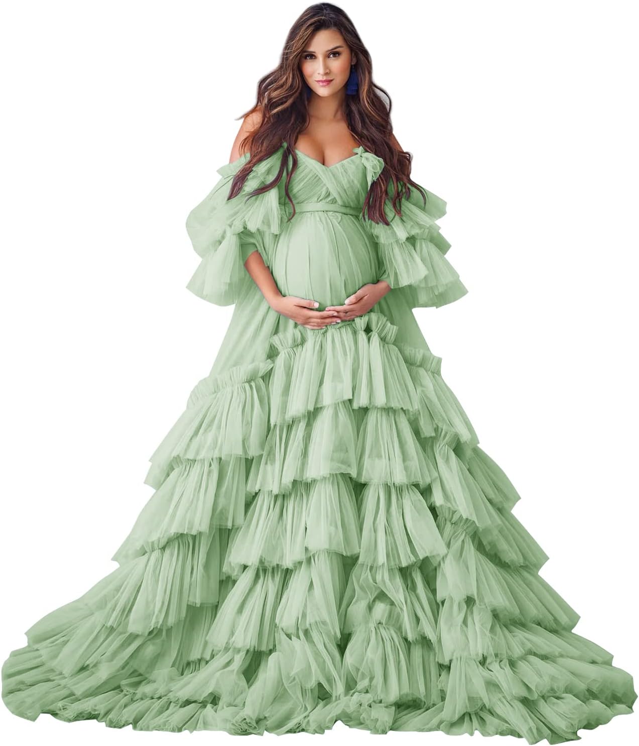 Puffy Tüll Robe Umstandskleid für Fotoshooting Transparente Braut Dessous Hochzeitskleid Lange Baby Shower Schwangerschaftskleider 