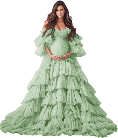 Puffy Tüll Robe Umstandskleid für Fotoshooting Transparente Braut Dessous Hochzeitskleid Lange Baby Shower Schwangerschaftskleider 