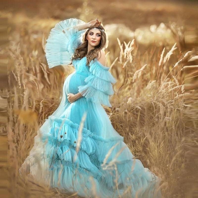 Puffy Tüll Robe Umstandskleid für Fotoshooting Transparente Braut Dessous Hochzeitskleid Lange Baby Shower Schwangerschaftskleider 