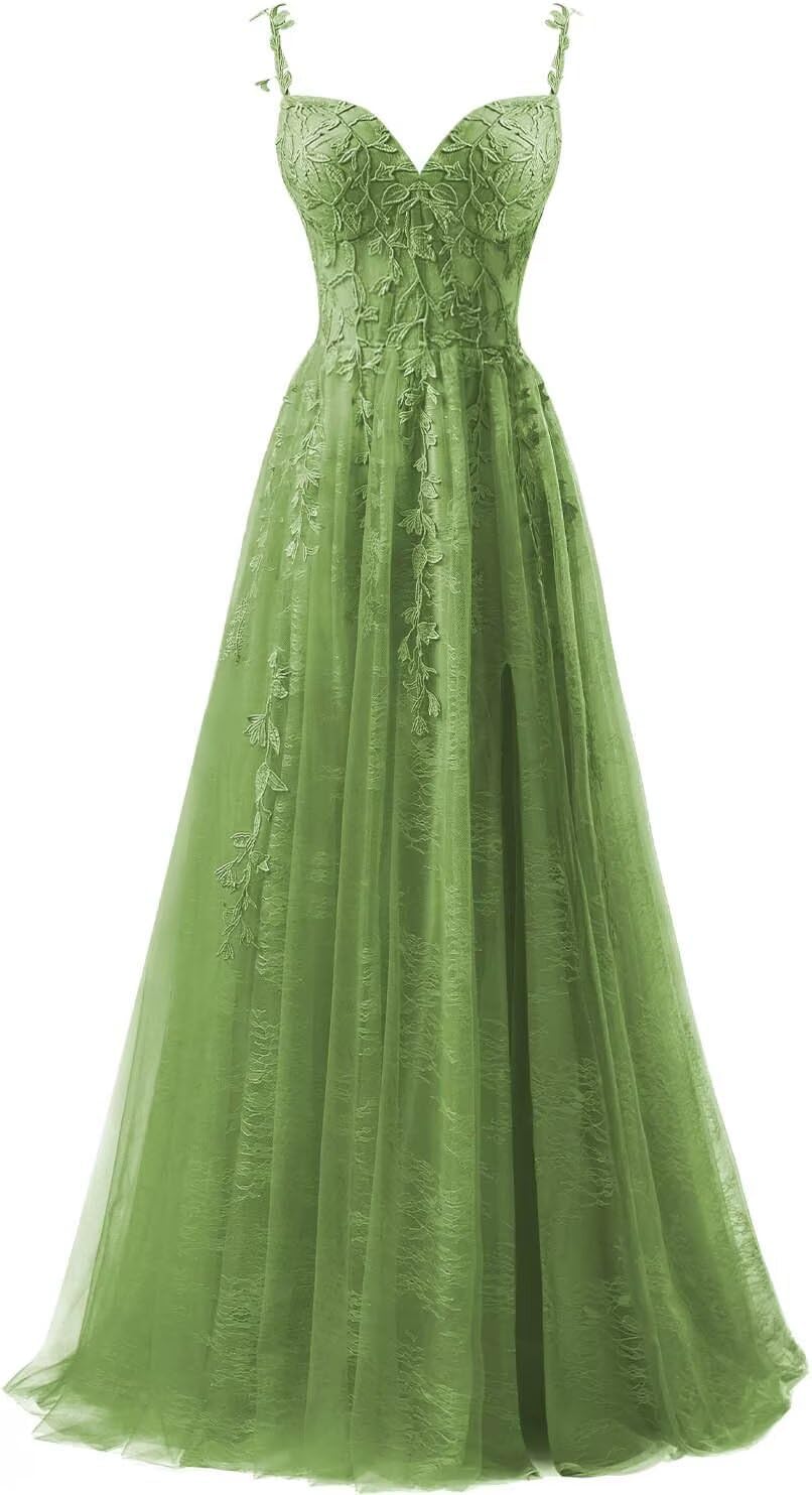 Lace Applique Tulle Prom Dresses for Women 2025 Spaghetti Straps Ball Gown Formal Evening Party Gown with Slit