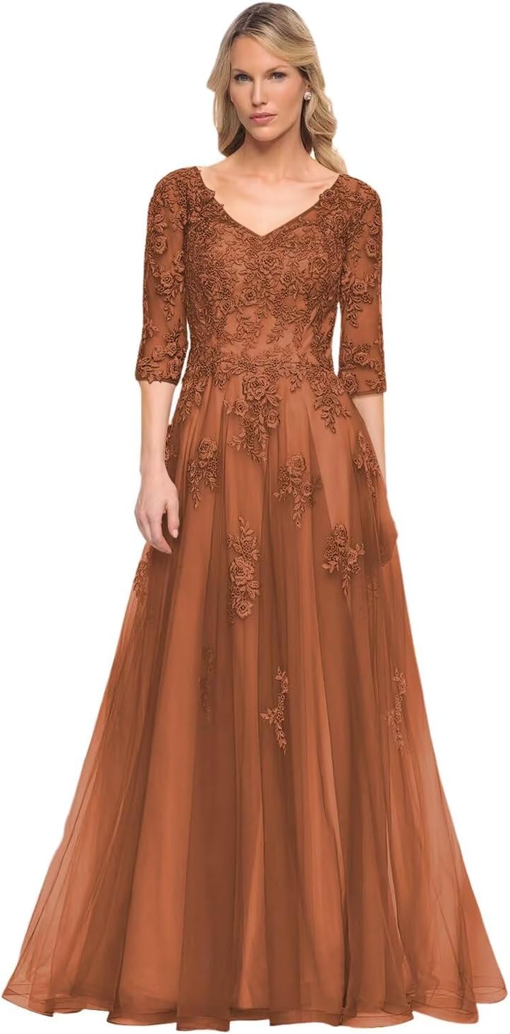 Women's V-Neck 3/4 Sleeve Mother of The Bride Dress A-line Tulle Lace Appliques Long Formal Party Dress QA117