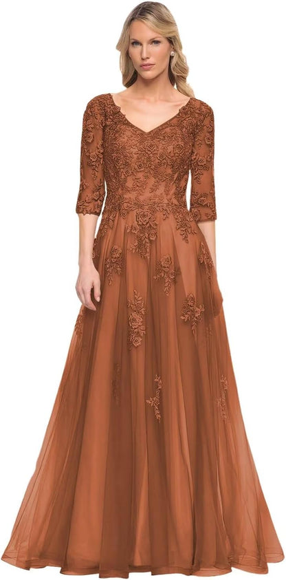 Women's V-Neck 3/4 Sleeve Mother of The Bride Dress A-line Tulle Lace Appliques Long Formal Party Dress QA117