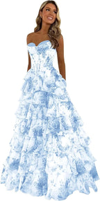 Strapless Corset Prom Dresses for Women 2025 Long Tiered Ruffle Chiffon Formal Evening Gown with Slit